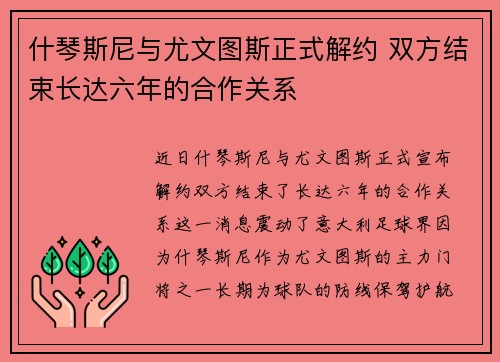 什琴斯尼与尤文图斯正式解约 双方结束长达六年的合作关系 什琴斯尼与尤文图斯正式解约 双方结束长达六年的合作关系