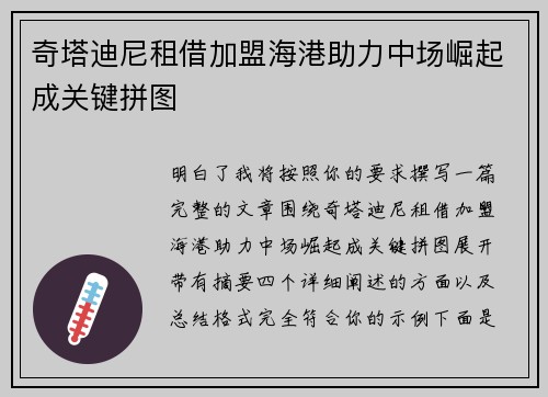 奇塔迪尼租借加盟海港助力中场崛起成关键拼图