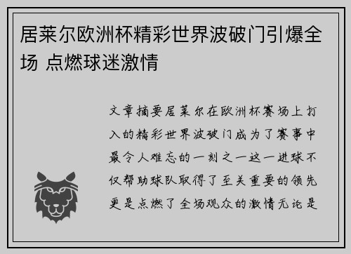 居莱尔欧洲杯精彩世界波破门引爆全场 点燃球迷激情
