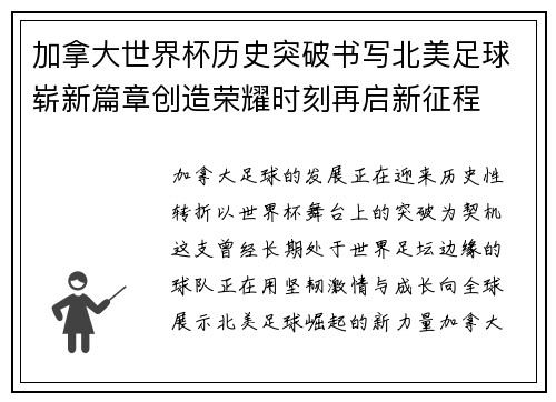 加拿大世界杯历史突破书写北美足球崭新篇章创造荣耀时刻再启新征程